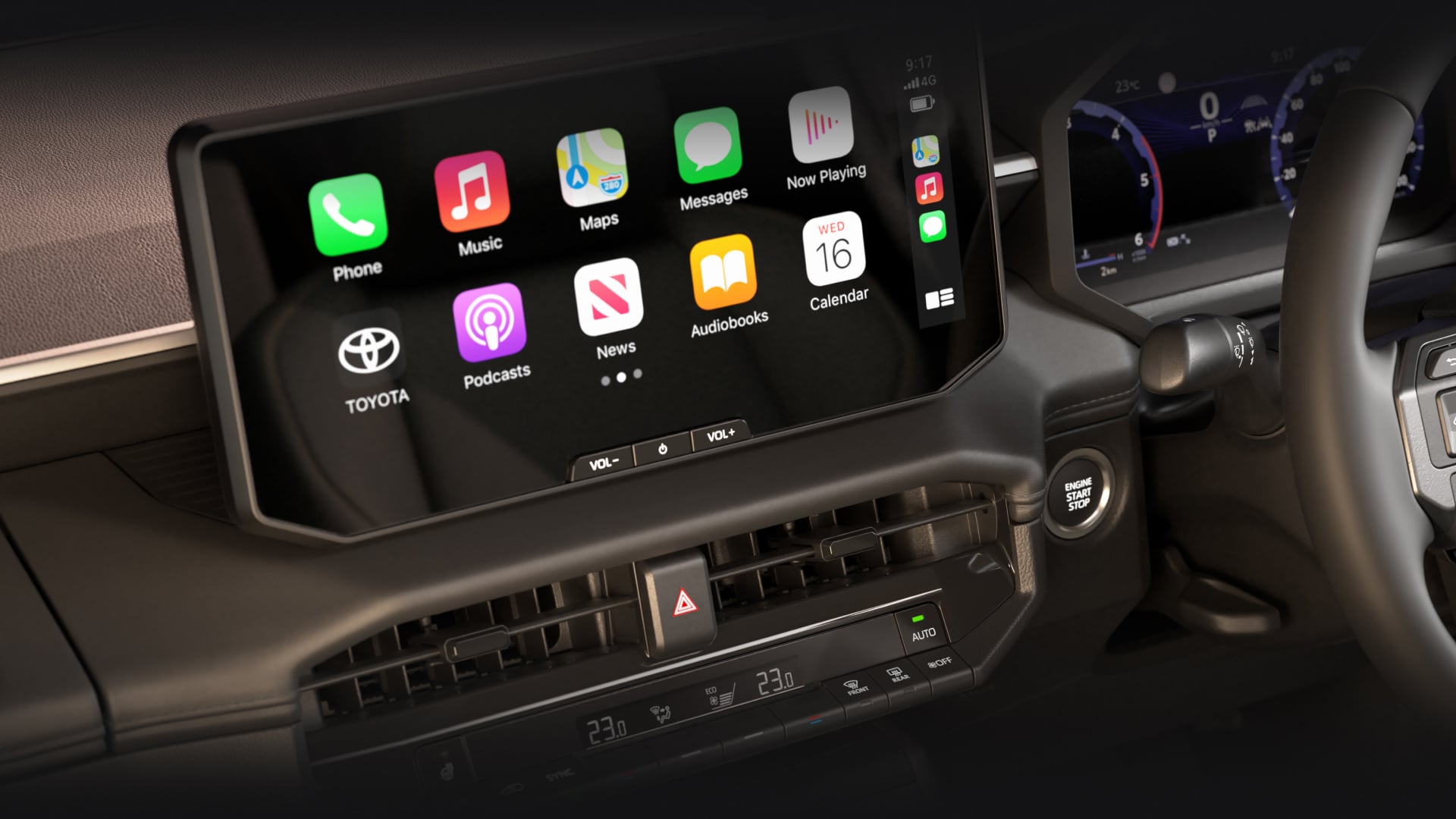A close-up view of the interior dashboard of the Toyota HiLux Rogue, focused on the 12.3-inch connected color touchscreen. The display shows the Apple CarPlay interface, with at least ten app icons visible including Phone, Music, Messages and Podcasts. Leather accents can also be seen on the steering wheel.