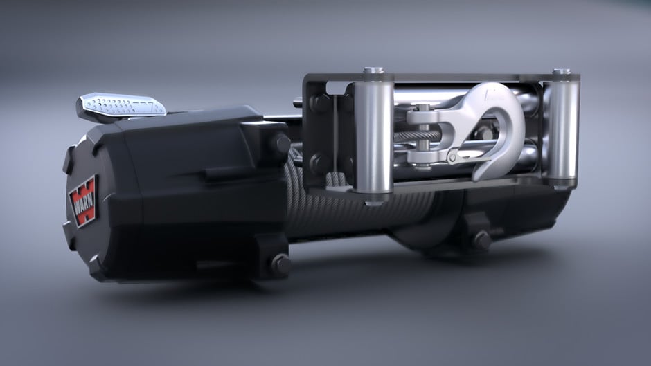 A heavy-duty automotive Winch accessory sits against a neutral studio background. The robust black casing and thick steel cable and hook are clearly visible, emphasising its durability.